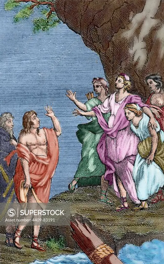 Francois Fenelon (1651-1715). French archbishop, theologian and writer. The Adventures of Telemachus, 1699. Colored engraving depicting Telemachus with MInerva on the island of Calypso. Book One. Prince Edition. Episcopal Library of Barcelona. Spain.