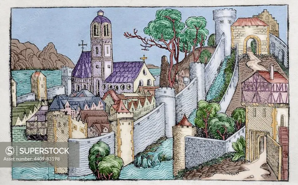 Liber chronicarum by Hartmann Schedel. The city of Alexandria. 15th century. Latin edition. Colored engraving. Episcopal Library. Barcelona. Spain.