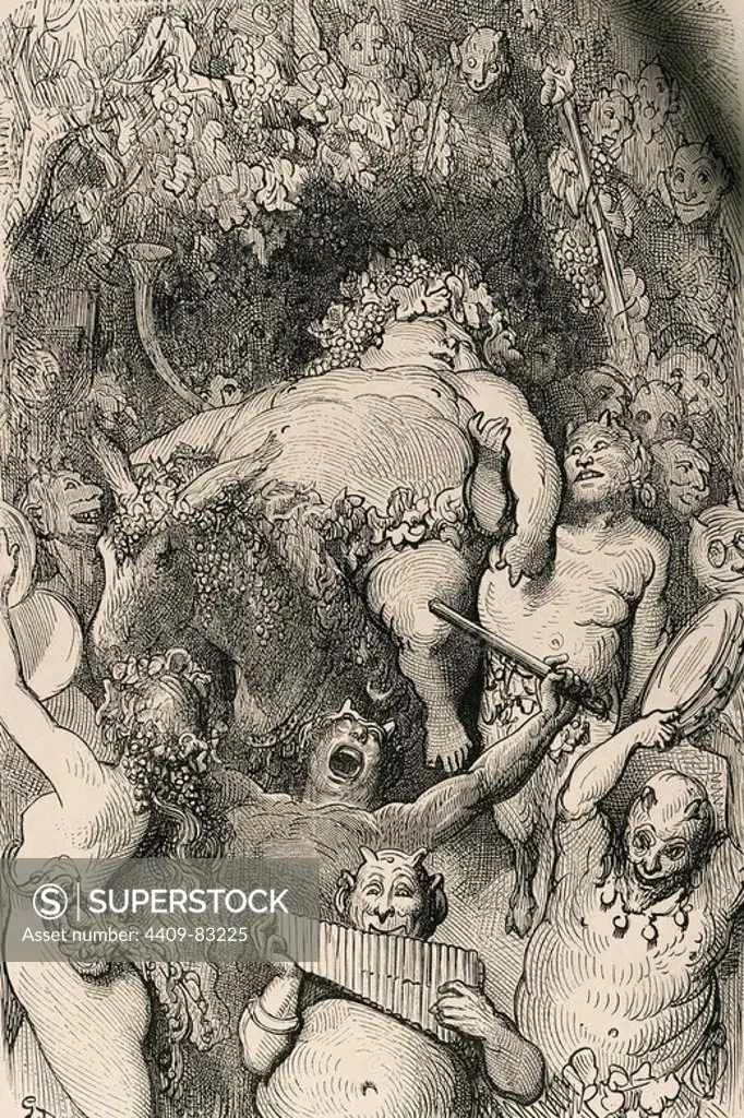 Bacchus. Engraving by Gustave Dore. 19th century.
