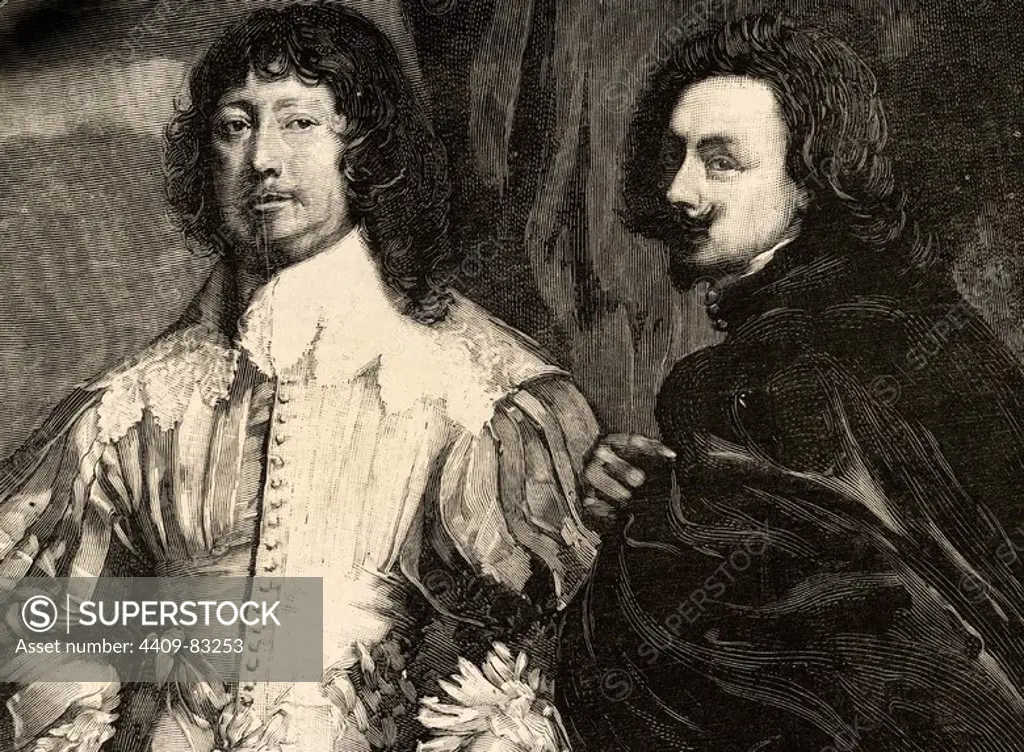 Flemish painter Anthony van Dyck (1599-1641) and english politician Lord John Digby (1580-1653), 1st Earl of Bristol. Engraving after a painting by Van Dyck. The Spanish and American Illustration, 1884.