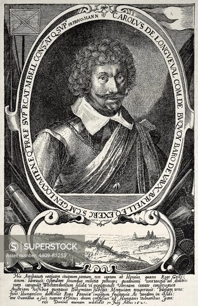 Charles Bonavenure de Longueval, Count of Bucquoy (1571-1621). Military commander. Engraving taken from an anonymous facsimile of the epoch.