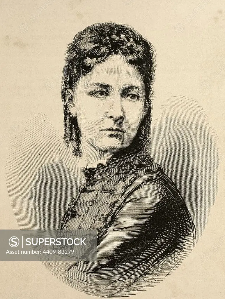 Maria Vittoria dal Pozzo (1867-1876). Queen of Spain. First wife of King Amadeo I of Spain. Engraving in The Spanish and American Illustration, 1870.