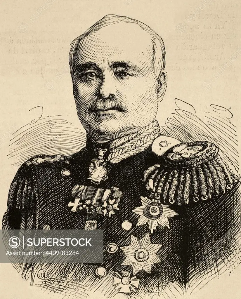 Timascheff Baranzoff. General of the Russian Imperial Army. Engraving in The Spanish and American Illustration, 1877.
