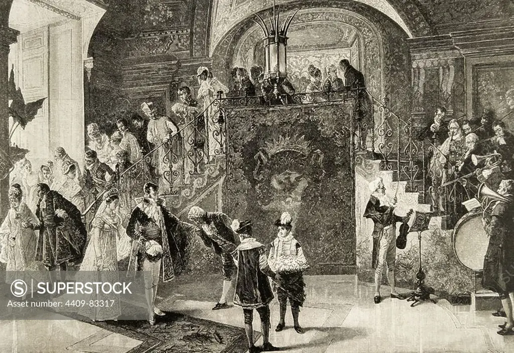 Wedding of Princess Borghese in Rome. 18th century. Engraving in The Spanish and American Illustration, 1889.