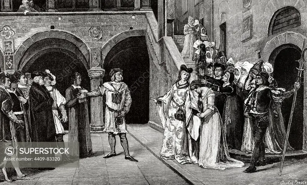 Blanche II of Navarre (1424-1464). Queen of Navarre. Blanche of Navarre is delivered to the Captal of Buch, who orders imprison her into a castle. Engraving after a painting by Eduardo Rosales.