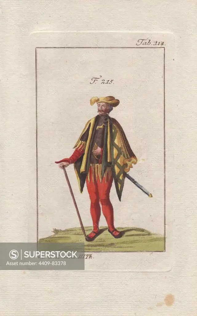 A "poursuivant d'armes" (apprentice herald) from the society of the donkey (Societe de l'Ane). He wears a yellow plumed cap, an elaborate cloak in black, yellow and gold, over red trousers. The breast of his tunic shows a leaping donkey.. Handcolored copperplate engraving from Robert von Spalart's "Historical Picture of the Costumes of the Principal People of Antiquity and of the Middle Ages" (1796).