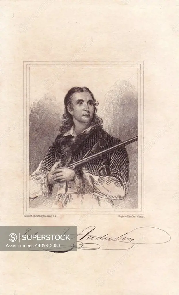 John James Audubon (1785-1851), French-American ornithological artist. Steel engraving by Charles Wands from a portrait in oils by John Syme from Sir Thomas Dick Lauder and Captain Thomas Brown's "Miscellany of Natural History: Parrots," Edinburgh, 1833. The Miscellany was intended to be a multi-volume series, but was brought to an abrupt halt after only the second volume on cats when Audubon complained about the unauthorized use of his illustrations.