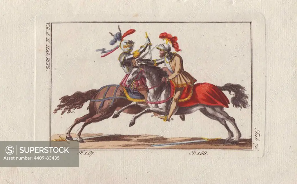Two knights in armor on horseback fighting a duel with daggers in a tourney.. Both knights have dropped their swords, and attack again with daggers, the one on the left parrying his opponent's swinging cut.. Handcolored copperplate engraving from Robert von Spalart's "Historical Picture of the Costumes of the Principal People of Antiquity and of the Middle Ages" (1796).