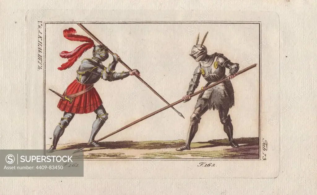 Two knights in armor on foot fighting a duel with lances in a tourney.. The knight at left wears a crimson skirt over his suit of armor and has three crimson plumes on his helmet. The knight at right uses his lance to parry his opponent's thrust. Handcolored copperplate engraving from Robert von Spalart's "Historical Picture of the Costumes of the Principal People of Antiquity, the Middle Ages and the New Ages" (1800).