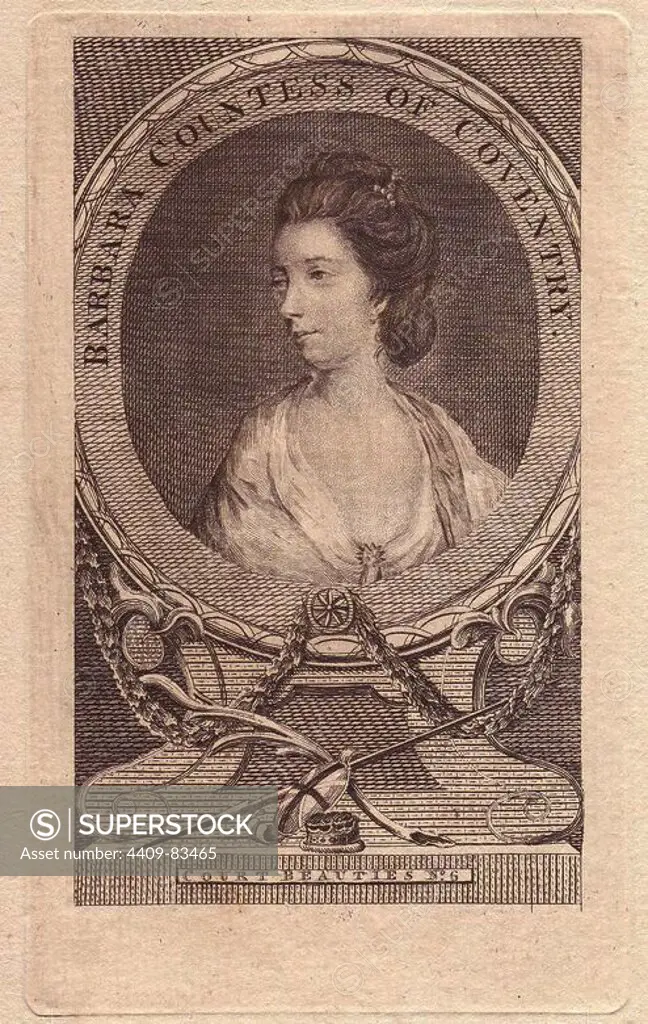 Barbara St. John was "one of the fairest and finest women of the beau monde" before her marriage to Lord Coventry. Number 6 in the series of "Court Beauties" portraits for the London Magazine of 1775. Copperplate engraving.