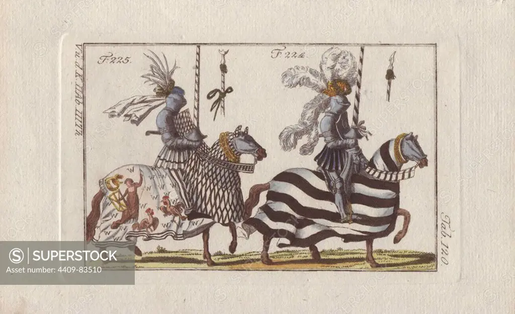 Two mounted knights in tournament colours for an Italian course (left) and a German joust (right).. The Italian courser is draped in black and white colors, with a horse cape decorated with cockerels and a woman with shield. His lance has a three pronged coronet and a ribbon.. The German jouster has dramatic white plumes on his helmet, a black and silver striped horse cape, and a pointed metal lance tip.. Handcolored copperplate engraving from Robert von Spalart's "Historical Picture of the Costumes of the Principal People of Antiquity and of the Middle Ages" (1796).