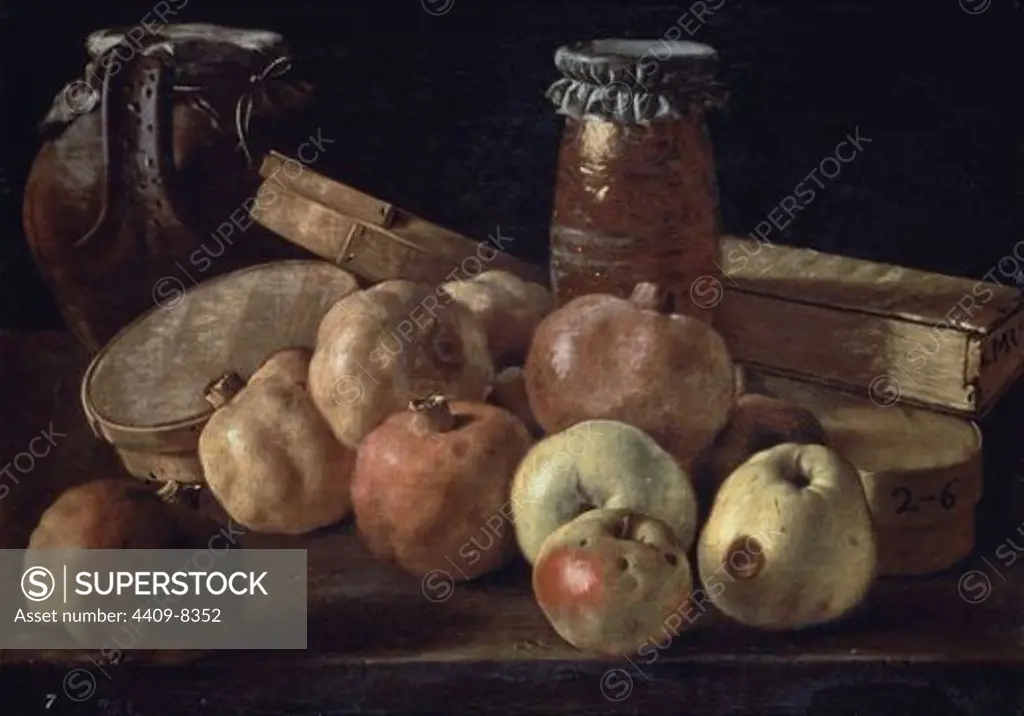 Still Life with Pomegranates, Apples, a Pot of Jam and a Stone Pot - 1759 - 36x49 cm - oil on canvas - Spanish Baroque - NP 927. Author: MELENDEZ, LUIS. Location: MUSEO DEL PRADO-PINTURA, MADRID, SPAIN. Also known as: BODEGON: MANZANAS, PERAS, CAJAS DE DULCE Y RECIPIENTE; GRENADES, POMMES, POT DE CONFITURE ET POT EN TERRE; NATURE MORTE AVEC POMMES, NOIX, POIRES ET BOITES DE SUCRERIE.