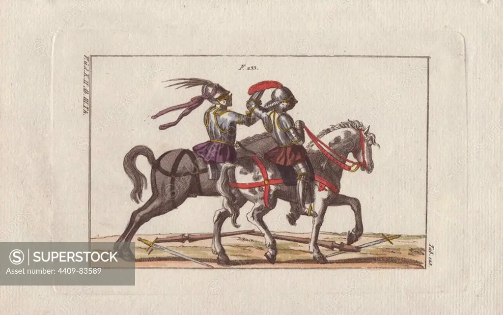 Two knights in armor on horseback fighting a duel without weapons in a tourney.. Both knights have dropped their lances and swords on the ground, but continue the combat without weapons.. Handcolored copperplate engraving from Robert von Spalart's "Historical Picture of the Costumes of the Principal People of Antiquity and of the Middle Ages" (1796).