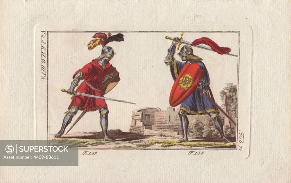 Two knights in suits of armor on foot fighting a duel with swords in a tourney.. The knight at left wears a crimson tunic (surtout) over his suit of armor, and has crimson, yellow and black plumes on his helmet. The knight at right wears a blue tunic trimmed with gold, carries a red shield with gold emblem, and has a long crimson plume on his helmet.. Handcolored copperplate engraving from Robert von Spalart's "Historical Picture of the Costumes of the Principal People of Antiquity and of the Middle Ages" (1796).