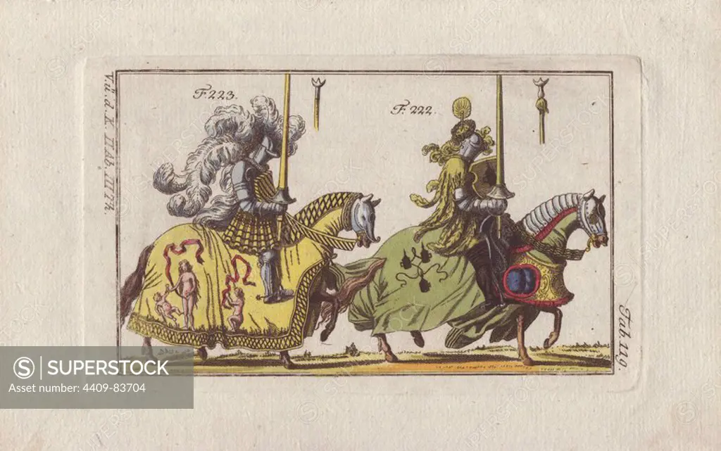 Two mounted knights in armor for a joust.. The knight on the left is from a joust with high barde (high saddle armor). He wears yellow hatched tunic with black skirt and breast armor, massive white plumes on his helmet. His horse blanket is yellow with black-hatched borders and two naked women with pink ribbons and a baby. His lance has the three-pronged coronet.. The knight on the right is from an Italian joust. He wears a pale green tunic and helmet feathers, his horse a green blanket decorated with three grenades. His lance has the three-pronged coronet.. Handcolored copperplate engraving from Robert von Spalart's "Historical Picture of the Costumes of the Principal People of Antiquity and of the Middle Ages" (1796).