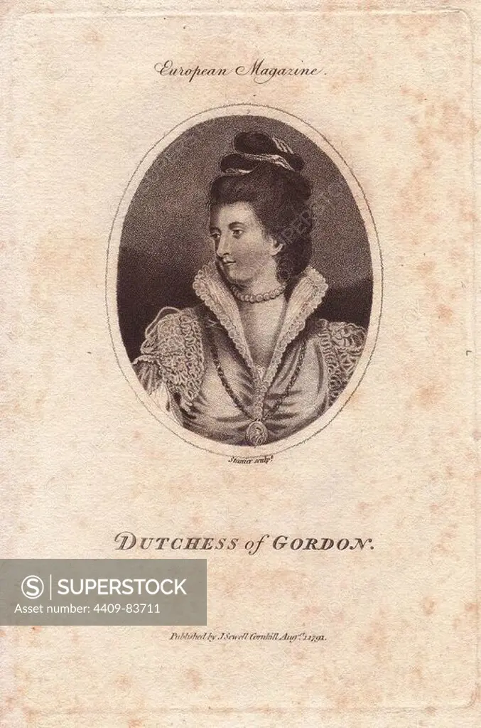 Lady Jane Maxwell (1749-1812), Scottish aristocrat. She married Alexander, Duke of Gordon, in 1767 and bore him one son and five daughters.. Copperplate engraving by Sparrier from the European Magazine of 1791.