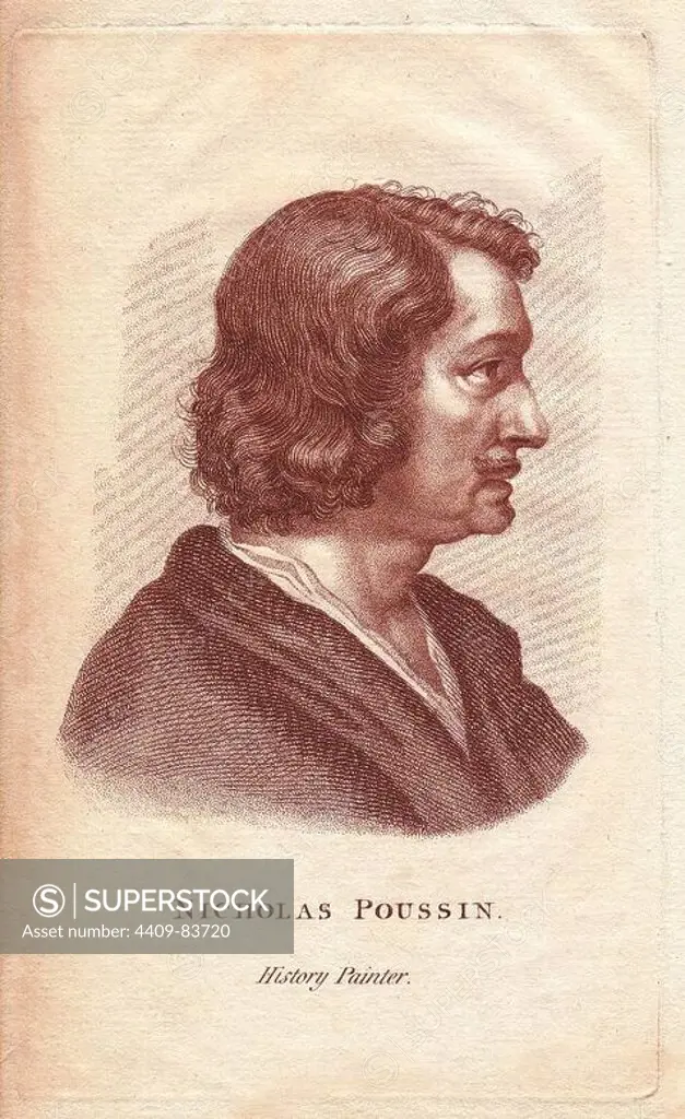 Nicholas Poussin (1594-1666), French history painter who studied under Domenichino and lived and worked in Rome.. Copperplate portrait from Francis Fitzgerald's "The Artist's Repository and Drawing Magazine," London, 1785-1788.