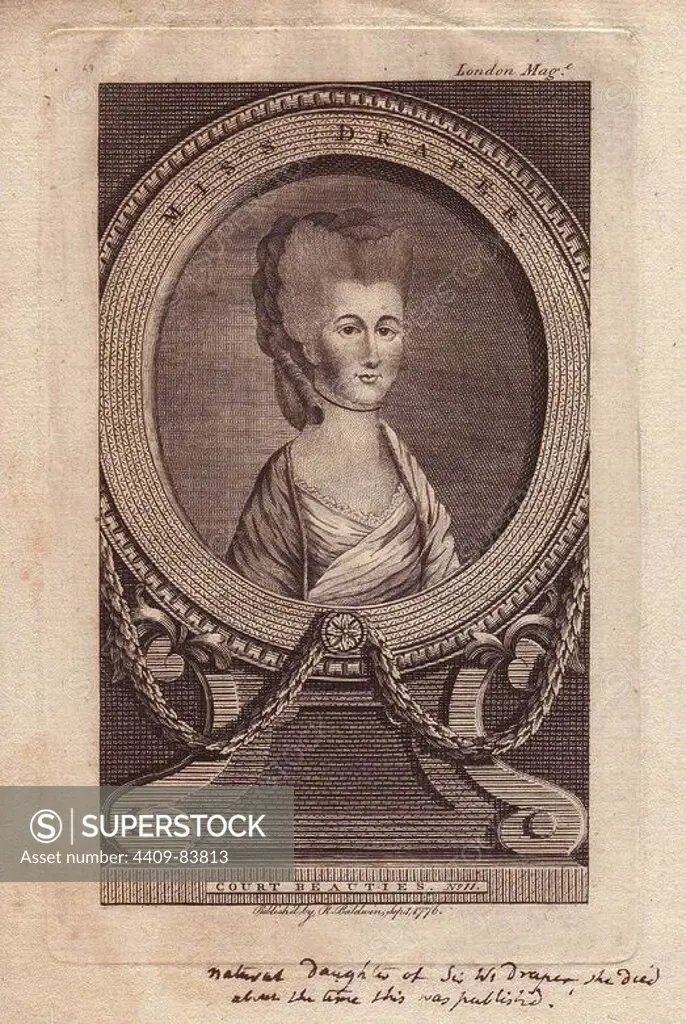 Miss Draper, "Natural daughter of Sir William Draper, she died about the time this was published." Could this beauty be the same Miss Draper who sang Handel's "Messiah" in London Copperplate engraved portrait, number 11 in the series of "Court Beauties" from the London Magazine 1776.