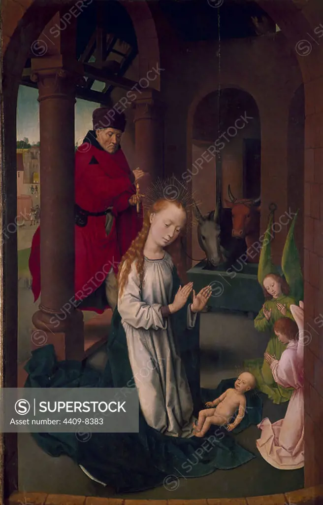 Nativity . La Natividad. Madrid, Prado museum. Author: HANS MEMLING (1435-1494). Location: MUSEO DEL PRADO-PINTURA. MADRID. SPAIN. CHILD JESUS. VIRGIN MARY. SAN JOSE ESPOSO DE LA VIRGEN MARIA.