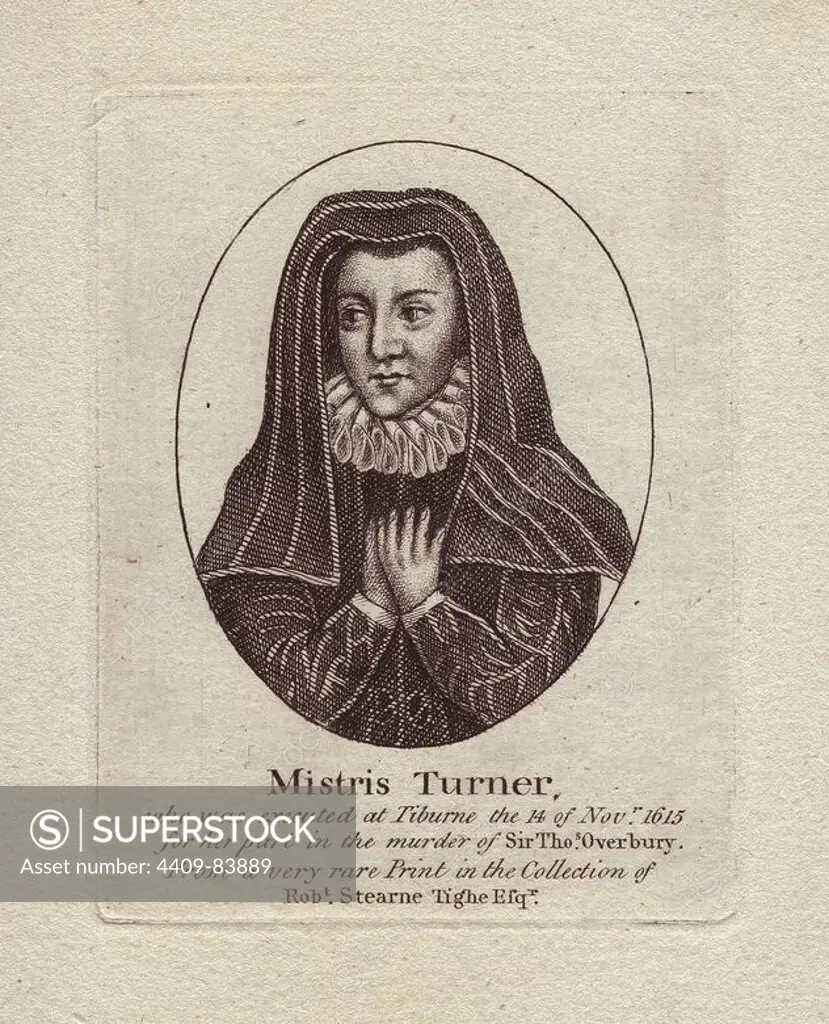 Mistress Mistris Anne Turner (1576 - 1615) was a "waiting woman" and companion to Frances Howard, Countess of Somerset. Mrs Turner ran "houses of ill-repute" (brothels), and had wide connections in both the aristocracy, apothecary and business circles. She supplied the poisons (arsenic and mercury) when her mistress Frances Howard decided to murder Overbury in 1613. While her noble accomplices escaped with a pardon, Anne was called "a whore, a bawd, a sorcerer, a witch, a papist, a felon and a murderer" by the judge, and hanged at Tyburn in 1615. Copperplate engraving from a very rare print in the collection of Robert Stearne Tighe esquire.