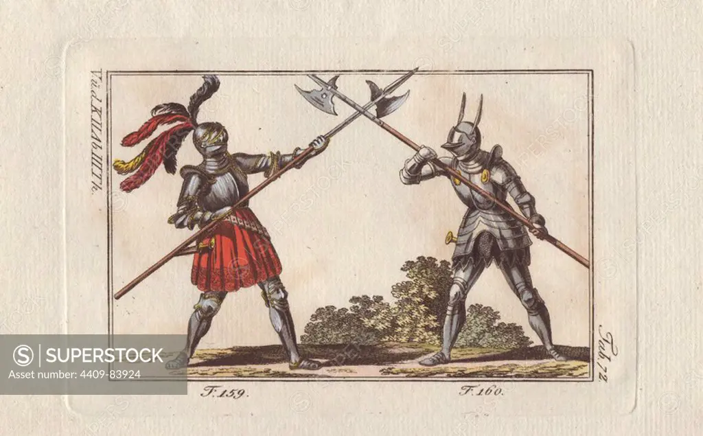 Two knights in armor on foot fighting a duel with halberds in a tourney.. The knight at left wears a crimson skirt over his armor and a helmet with red, black and yellow plumes.. Handcolored copperplate engraving from Robert von Spalart's "Historical Picture of the Costumes of the Principal People of Antiquity and of the Middle Ages" (1796).