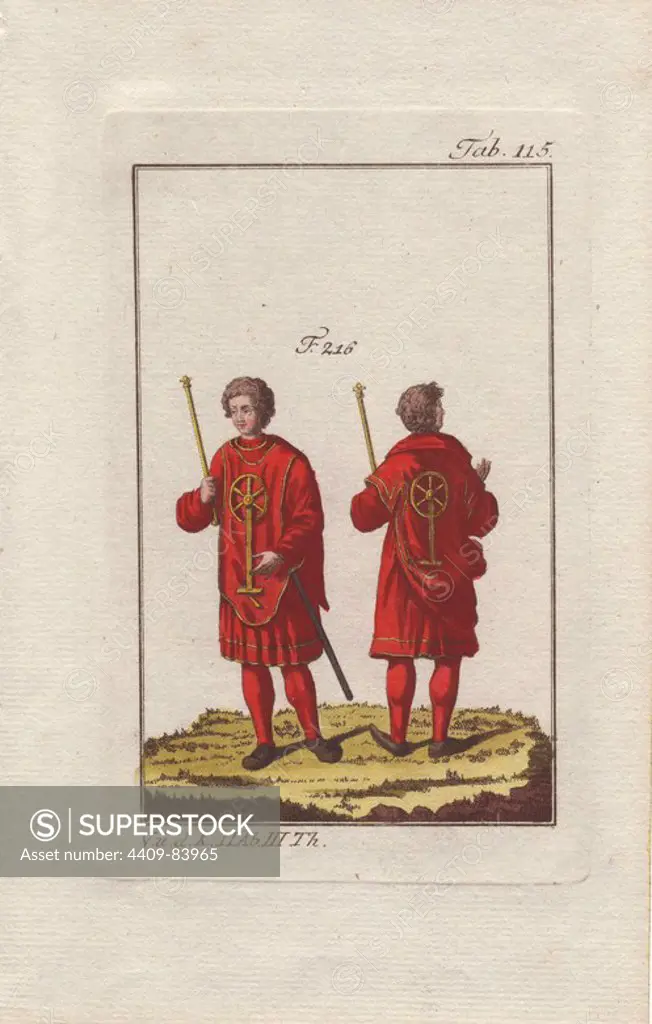 Young herald in formal robes shown from front and back. He wears a crimson tunic over crimson skirt and tights.. The herald performed an important role in the tournament and also in battle, where his knowledge of heraldry could help identify knights. Handcolored copperplate engraving from Robert von Spalart's "Historical Picture of the Costumes of the Principal People of Antiquity, the Middle Ages and the New Ages" (1800).