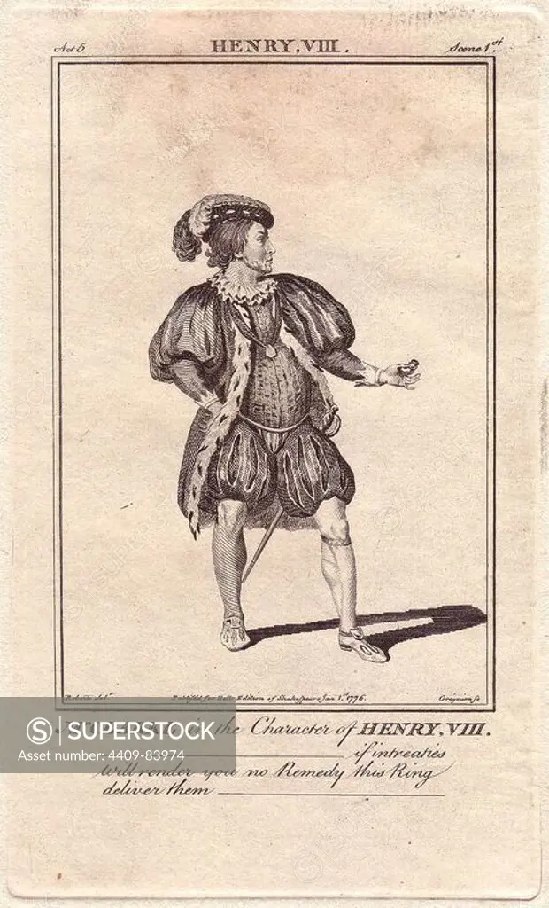 Matthew Clarke as Henry VIII in the play of the same name.. Clarke was a mainstay at Covent Garden for over 30 years. "If he never mounted to a great height, he never sank below a proper level" said a Bristol critic.. Copperplate engraving from "Bell's Shakespeare" published by John Bell, London, 1776. Drawn by James Roberts.