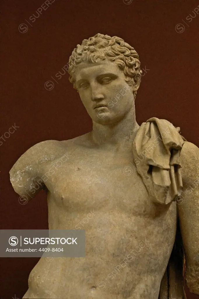 Hermes bust, one of the gods from the Olympian pantheon. Greek art. Athens, archaeological museum of Andros. Greece. Location: MUSEO ARQUEOLOGICO-ESCULTURA. ATHENS. GREECE. HERMES. Hermes de Andros.
