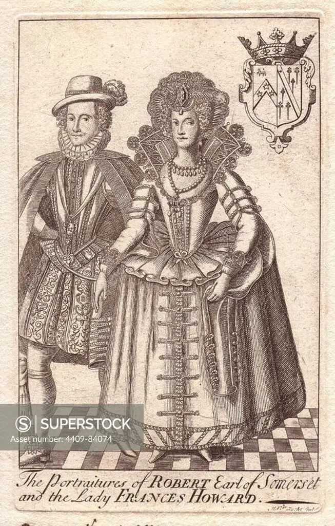 Robert Carr, Earl of Somerset, and Frances Howard, Countess of Somerset (1590 - 1632), notorious murderous English aristocrats. Married at 14 to the Earl of Essex, Frances spent years trying to annul the marriage so she could marry her true love Robert Carr, Earl of Somerset. The annulment was vehemently opposed by Sir Thomas Overbury, but in 1613, he was poisoned in prison by Howard's maid Anne Turner, allowing Frances to finally divorce her first husband and remarry Carr. In the trial in 1615, Frances and Robert were found guilty of plotting to murder Overbury, sent to prison, but pardoned by James I in 1622.. Copperplate engraved portraitures.