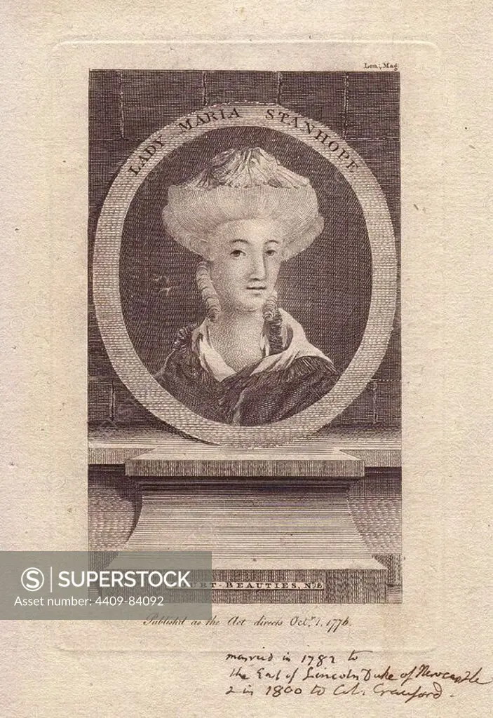 Lady Anna-Maria Stanhope (1760-1834). Married in 1782 to the Earl of Lincoln, Duke of Newcastle, and later in 1800 to General Crauford.. Copperplate engraving from the series of Court Beauties published in the London Magazine of 1776.