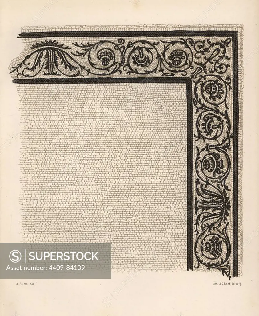 Mosaic border of the Impluvium from the House of the Pygmies (Casa dei Pygmeii) at 9, Regio IX, Insula V. Illustration drawn by Discanno and lithographed by Victor Steeger from Emil Presuhn's "Pompeji. Die Neuesten Ausgrabungen von 1874-1881," Weigel, Leipzig, 1882. German archeologist Presuhn (1844-1881) lived in Italy for eight years and, with Mr. Discanno and Miss Amy Butts, made exact copies of many wall paintings that are now lost.