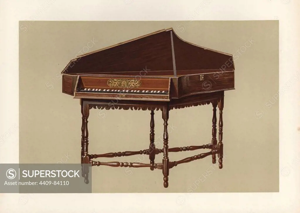 A transverse spinet with six legs made in London by Stephen Keene at the end of the 17th century. Keene was a well-known maker of "harpsycons and virginals" from at least 1671 to 1719. Chromolithograph from an illustration by William Gibb from A.J. Hipkins' "Musical Instruments, Historic, Rare and Unique," Adam and Charles Black, Edinburgh, 1888. Alfred James Hipkins (1826-1903) was an English musicologist who specialized in the history of the pianoforte and other instruments. William Gibb was a master illustrator and chromolithographer and illustrated "The Royal House of Stuart" (1890), "Naval and Military Trophies" (1896), and others.