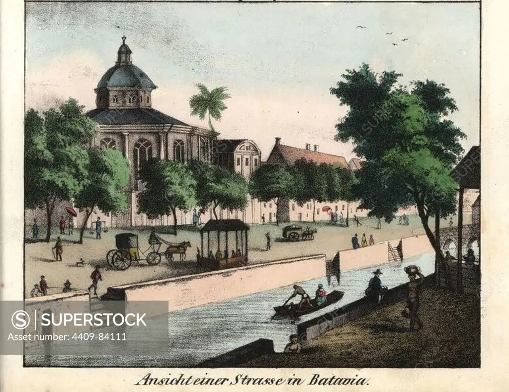 View of a street with canal, horse-drawn carriages, Europeans and natives in Batavia (Jakarta), on the island of Java, Indonesia, circa 1800, when it was a Dutch colony. Handcoloured lithograph from Friedrich Wilhelm Goedsche's "Vollstaendige Völkergallerie in getreuen Abbildungen" (Complete Gallery of Peoples in True Pictures), Meissen, circa 1835-1840. Goedsche (1785-1863) was a German writer, bookseller and publisher in Meissen. Many of the illustrations were adapted from Bertuch's "Bilderbuch fur Kinder" and others.