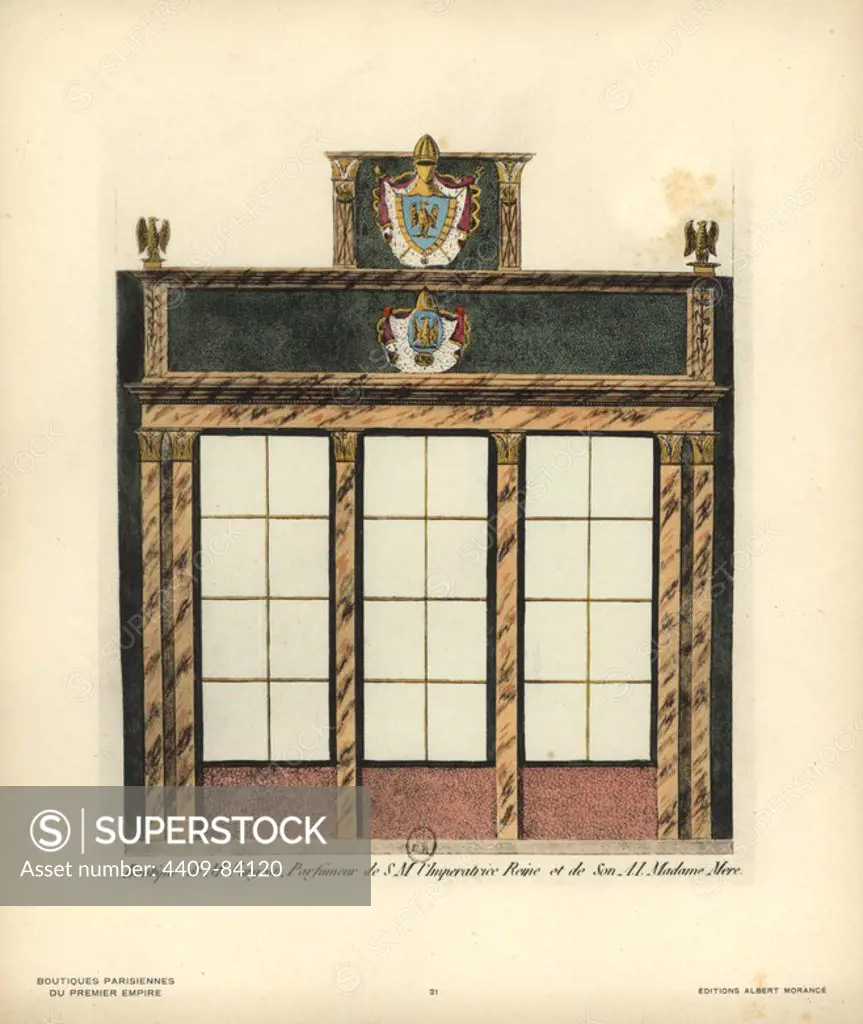 Shopfront of Monsieur Fargeon's perfumery to the Empress Josephine, Paris, circa 1800. Handcoloured lithograph from Hector-Martin Lefuel's "Boutiques Parisiennes du Premier Empire," (Parisian Stores of the First Empire), Paris, Albert Morance, 1925. The lithographs were reproduced from watercolors by the French architect Hector-Martin Lefuel (1810-1880), famous for his work on the completion of the Louvre and Fontainebleau.
