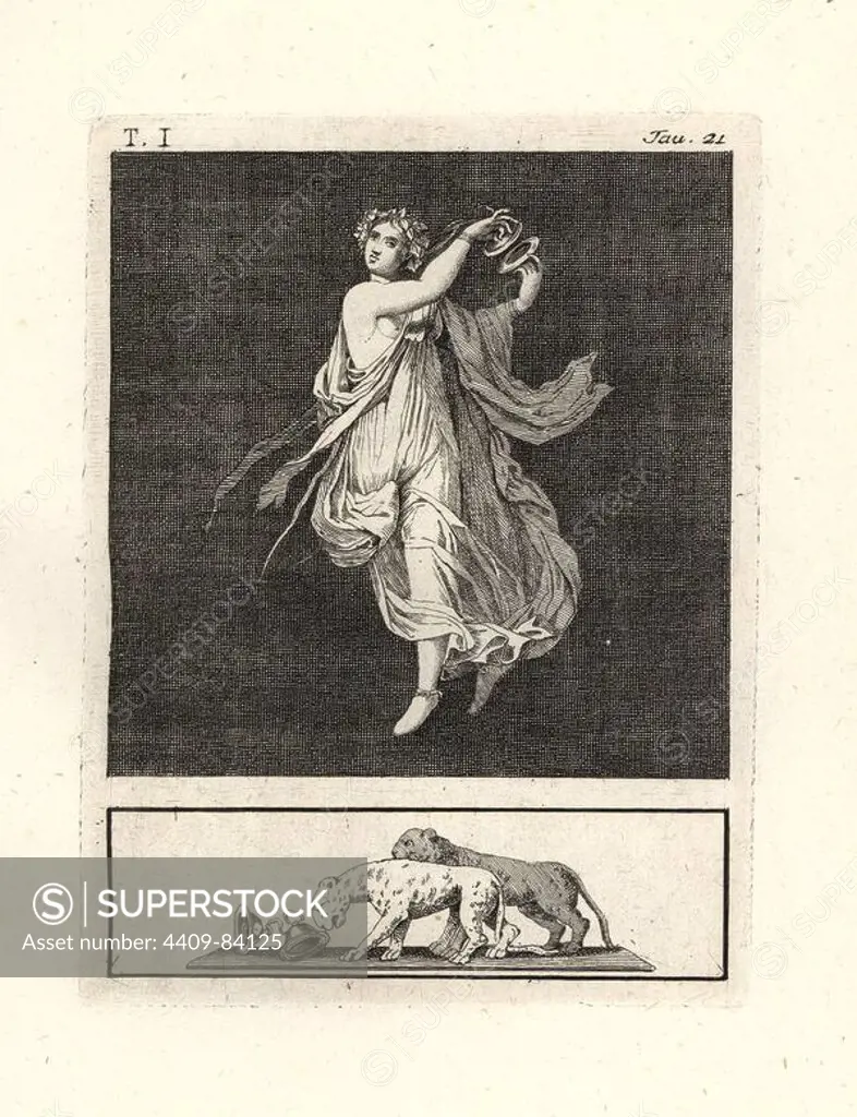 Painting removed from a wall of a room, possibly a triclinium or dining room, in a house in Pompeii in 1749. It shows a bacchant dancer striking cymbals together. She wears a wreath of ivy, a necklace and bracelets, and a fine blue robe covered with an animal skin. The vignette below shows two lion cubs with cymbals. Copperplate engraved by Tommaso Piroli from his own "Antichita di Ercolano" (Antiquities of Herculaneum), Rome, 1789. Italian artist and engraver Piroli (1752-1824) published six volumes between 1789 and 1807 documenting the murals and bronzes found in Heraculaneum and Pompeii.