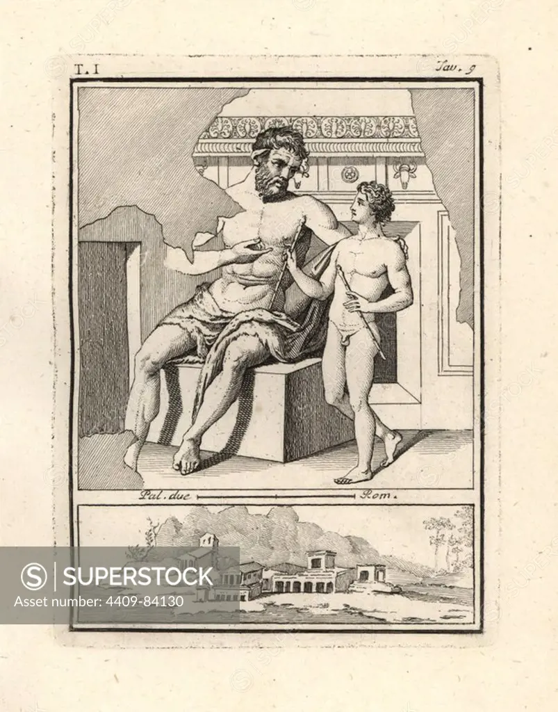 The satyr Marsyas sitting on a stone teaching the boy Olympus to play the Tibia or flute, the same subject as rendered by the famous Greek artist Polygnotus. Vignette below shows a Roman villa. Copperplate engraved by Tommaso Piroli from his own "Antichita di Ercolano" (Antiquities of Herculaneum), Rome, 1789. Italian artist and engraver Piroli (1752-1824) published six volumes between 1789 and 1807 documenting the murals and bronzes found in Heraculaneum and Pompeii.