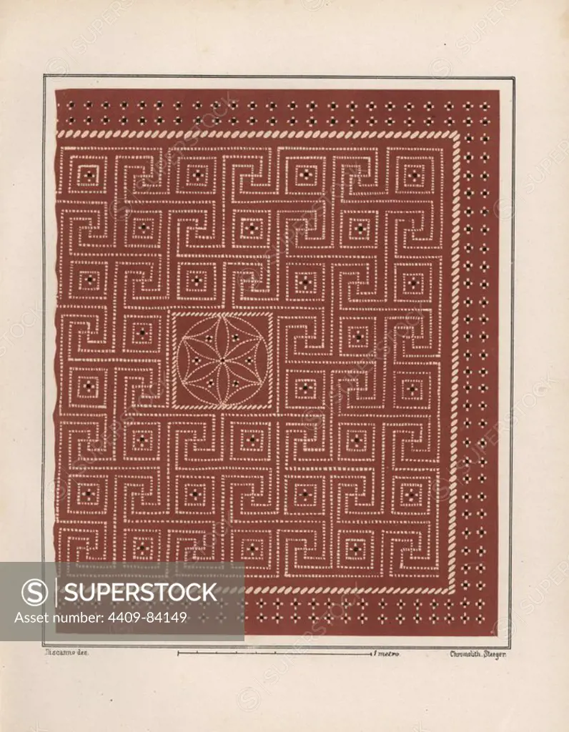 Floor mosaic from the House of Epigrams, Regio V, Insula 1, 18. Illustration drawn by Discanno and lithographed by Victor Steeger from Emil Presuhn's "Pompeji. Die Neuesten Ausgrabungen von 1874-1881," Weigel, Leipzig, 1882. German archeologist Presuhn (1844-1881) lived in Italy for eight years and, with Mr. Discanno and Miss Amy Butts, made exact copies of many wall paintings that are now lost.