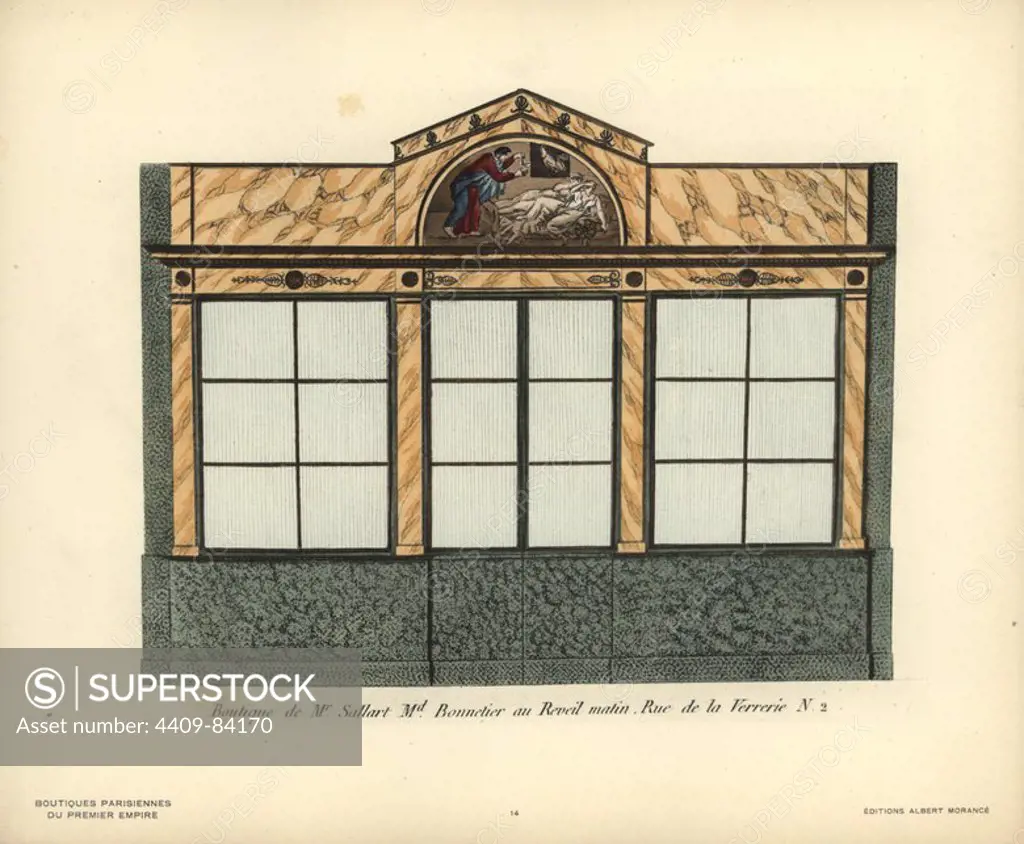Shopfront of Sallart's hatmaker, 2 rue de la Verrerie, Paris, circa 1800. Handcoloured lithograph from Hector-Martin Lefuel's "Boutiques Parisiennes du Premier Empire," (Parisian Stores of the First Empire), Paris, Albert Morance, 1925. The lithographs were reproduced from watercolors by the French architect Hector-Martin Lefuel (1810-1880), famous for his work on the completion of the Louvre and Fontainebleau.