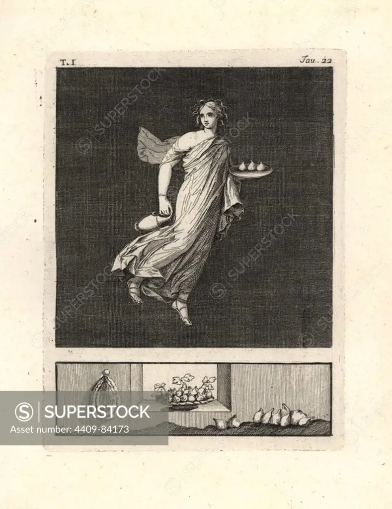 Painting removed from a wall of a room, possibly a triclinium or dining room, in a house in Pompeii in 1749. It shows a Naiad, a follower of Bacchus, carrying a vase and a round plate with three figs. She wears reeds in her hair, a gold bracelet, and a fine robe in purple, the colour of the Violarii. Copperplate engraved by Tommaso Piroli from his own "Antichita di Ercolano" (Antiquities of Herculaneum), Rome, 1789. Italian artist and engraver Piroli (1752-1824) published six volumes between 1789 and 1807 documenting the murals and bronzes found in Heraculaneum and Pompeii.