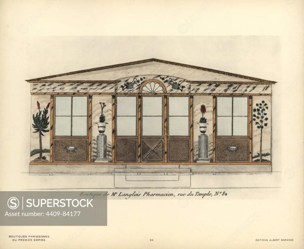 Shopfront of Monsieur Langlois's pharmacy, 82 rue du Temple, Paris, circa 1800. Handcoloured lithograph from Hector-Martin Lefuel's "Boutiques Parisiennes du Premier Empire," (Parisian Stores of the First Empire), Paris, Albert Morance, 1925. The lithographs were reproduced from watercolors by the French architect Hector-Martin Lefuel (1810-1880), famous for his work on the completion of the Louvre and Fontainebleau.