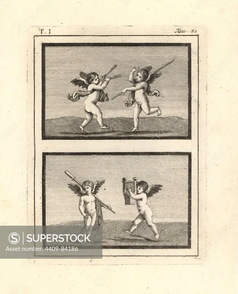 Painting of cupids or genii playing discovered in Resina in 1748. The cupids play music on various instruments, such as a lyre and keyed flute, while other dance with long scepters. Copperplate engraved by Tommaso Piroli from his own "Antichita di Ercolano" (Antiquities of Herculaneum), Rome, 1789. Italian artist and engraver Piroli (1752-1824) published six volumes between 1789 and 1807 documenting the murals and bronzes found in Heraculaneum and Pompeii.