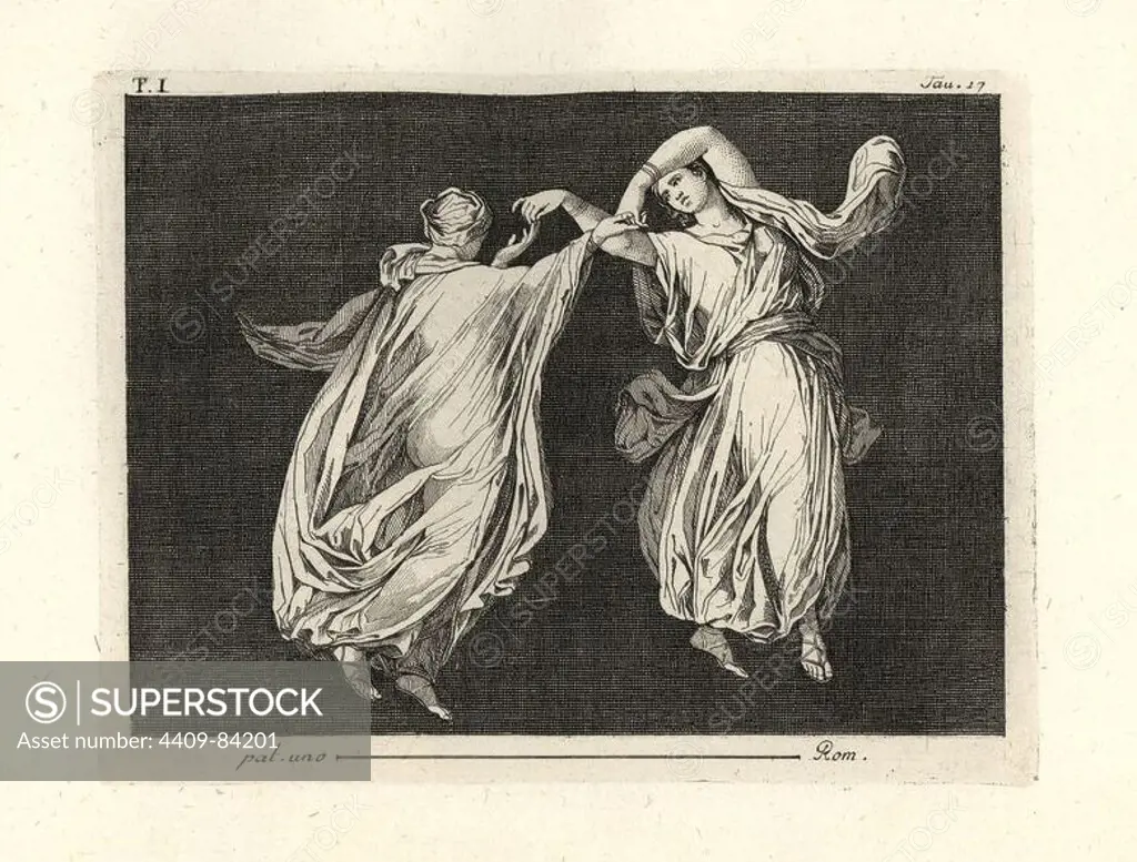 Painting removed from a wall of a room, possibly a triclinium or dining room, in a house in Pompeii in 1749. It shows two dancers in fine transparent robes of green and yellow, elegantly dancing together touching thumb and index fingers. Copperplate engraved by Tommaso Piroli from his own "Antichita di Ercolano" (Antiquities of Herculaneum), Rome, 1789. Italian artist and engraver Piroli (1752-1824) published six volumes between 1789 and 1807 documenting the murals and bronzes found in Heraculaneum and Pompeii.