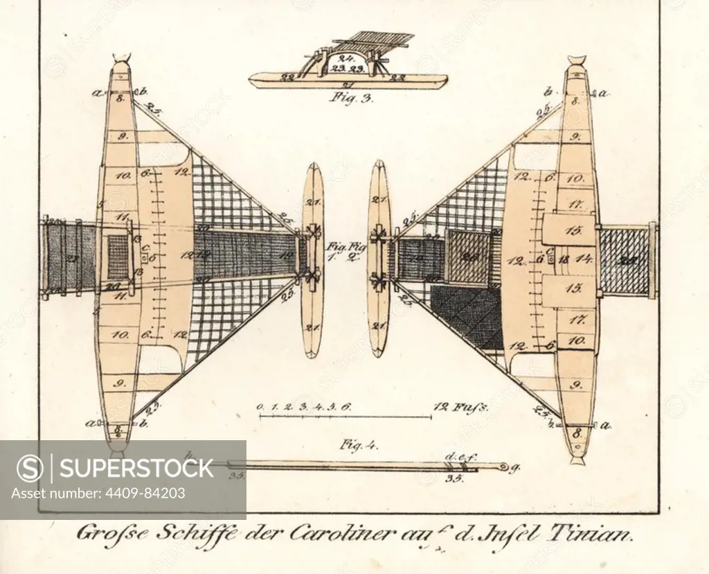 Plan of a large boat with outrigger and platform, built by the Carolinian natives of Tinian island, Marianas. Handcoloured lithograph from Friedrich Wilhelm Goedsche's "Vollstaendige Völkergallerie in getreuen Abbildungen" (Complete Gallery of Peoples in True Pictures), Meissen, circa 1835-1840. Goedsche (1785-1863) was a German writer, bookseller and publisher in Meissen.