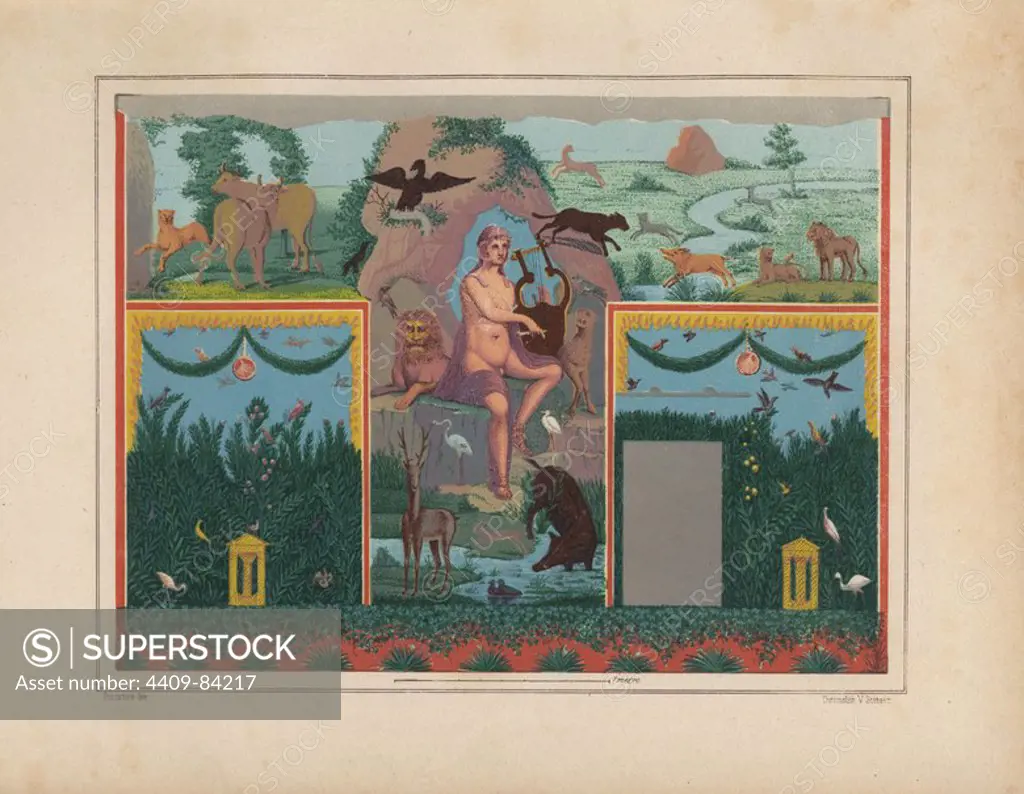 Wall painting of Orpheus with lyre from viridarium (garden) of the House of Vesonius Primus, a fuller. He is surrounded by animals including a lion, cougar, boar, stag, rabbit, and blue flamingo. Illustration drawn by Discanno and lithographed by Victor Steeger from Emil Presuhn's "Pompeji. Die Neuesten Ausgrabungen von 1874-1881," Weigel, Leipzig, 1882. German archeologist Presuhn (1844-1881) lived in Italy for eight years and, with Mr. Discanno and Miss Amy Butts, made exact copies of many wall paintings that are now lost.