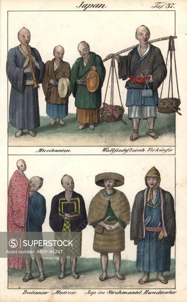 Costumes of Japan circa 1800, including three musicians with cymbal, drum and recorder, a seller of whale meat, a shop assistant with kimono, a sailor, a man in straw clothes, and a craftsman. Handcoloured lithograph from Friedrich Wilhelm Goedsche's "Vollstaendige Völkergallerie in getreuen Abbildungen" (Complete Gallery of Peoples in True Pictures), Meissen, circa 1835-1840. Goedsche (1785-1863) was a German writer, bookseller and publisher in Meissen. Many of the illustrations were adapted from Bertuch's "Bilderbuch fur Kinder" and others.