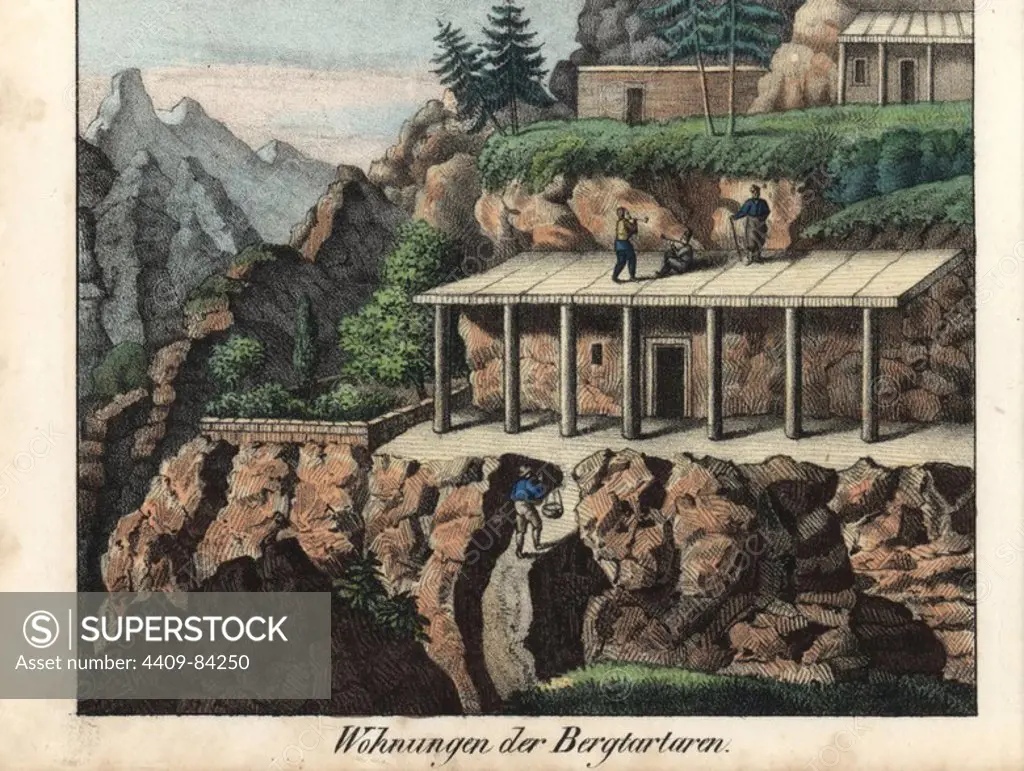 Hillside village of the Mountain Tatars, Caucasus mountains. Handcoloured lithograph from Friedrich Wilhelm Goedsche's "Vollstaendige Völkergallerie in getreuen Abbildungen" (Complete Gallery of Peoples in True Pictures), Meissen, circa 1835-1840. Goedsche (1785-1863) was a German writer, bookseller and publisher in Meissen. Many of the illustrations were adapted from Bertuch's "Bilderbuch fur Kinder" and others.