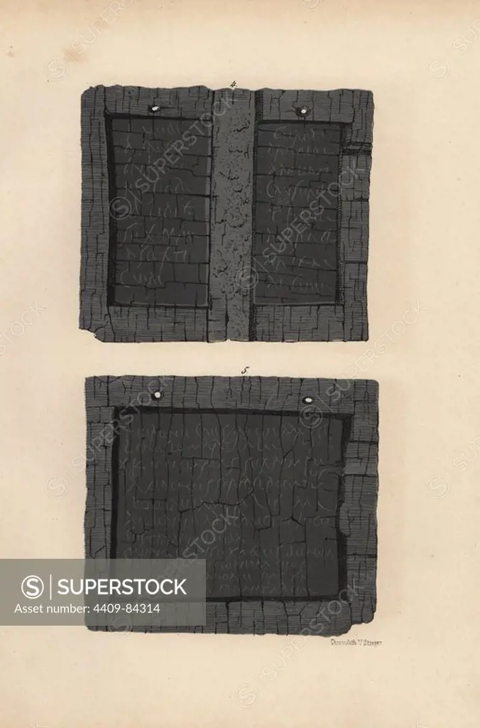 Wooden panels or triptychon with bankers' receipts from the house of Lucius Caecilius Iucundus. Illustration drawn by Discanno and lithographed by Victor Steeger from Emil Presuhn's "Pompeji. Die Neuesten Ausgrabungen von 1874-1881," Weigel, Leipzig, 1882. German archeologist Presuhn (1844-1881) lived in Italy for eight years and, with Mr. Discanno and Miss Amy Butts, made exact copies of many wall paintings that are now lost.