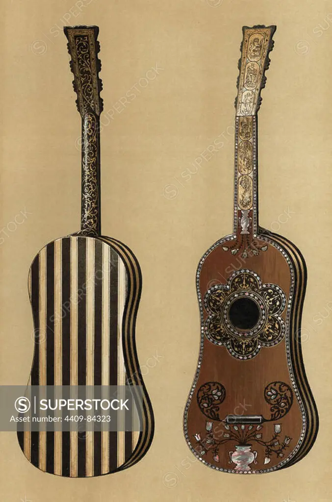 Guitar with inlaid ivory plaques, engraved fingerboard, mother-of-pearl vase beneath the bridge, and back of ebony and ivory. Chromolithograph from an illustration by William Gibb from A.J. Hipkins' "Musical Instruments, Historic, Rare and Unique," Adam and Charles Black, Edinburgh, 1888. Alfred James Hipkins (1826-1903) was an English musicologist who specialized in the history of the pianoforte and other instruments. William Gibb was a master illustrator and chromolithographer and illustrated "The Royal House of Stuart" (1890), "Naval and Military Trophies" (1896), and others.