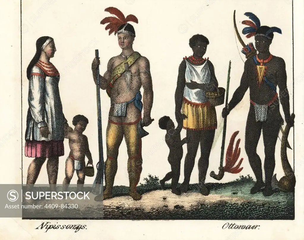 Nipissing man with musket and hatchet, woman in smock dress with necklace, of Lake Nipissing, Ontario, Canada, and Ottowa man with pipe, bow, quiver and axe, and woman in dress with beads. Handcoloured lithograph from Friedrich Wilhelm Goedsche's "Vollstaendige Völkergallerie in getreuen Abbildungen" (Complete Gallery of Peoples in True Pictures), Meissen, circa 1835-1840. Goedsche (1785-1863) was a German writer, bookseller and publisher in Meissen. Many of the illustrations were adapted from Bertuch's "Bilderbuch fur Kinder" and others.