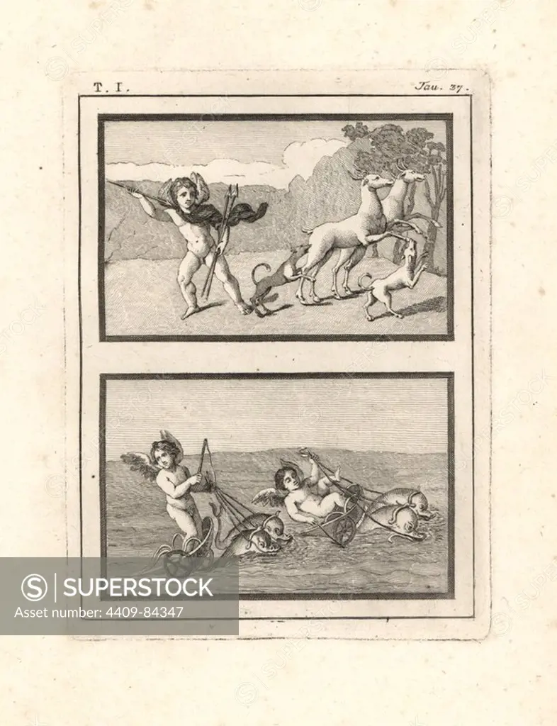 Vignettes of cupids or genii playing at hunting and racing. Above, a dynamic depiction of the Genius of the Hunt with spears, dogs and stags. Below, two genii race chariots pulled by dolphins in the sea - one seems to be asleep like the famous ferryman of Aeneas. Copperplate engraved by Tommaso Piroli from his own "Antichita di Ercolano" (Antiquities of Herculaneum), Rome, 1789. Italian artist and engraver Piroli (1752-1824) published six volumes between 1789 and 1807 documenting the murals and bronzes found in Heraculaneum and Pompeii.